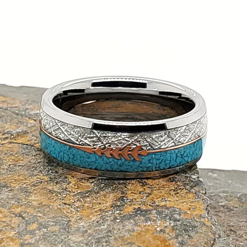 Men's 8mm Tungsten Cupid's Arrow Turquoise Meteorite Inspired Comfort-Fit Band